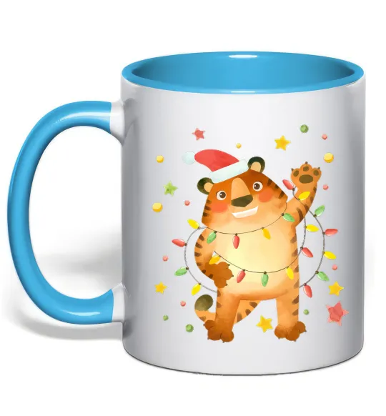 Чашка с цветной ручкой Тигр в гірлянді Голубой фото