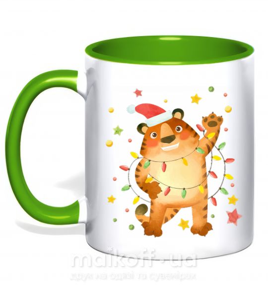 Чашка з кольоровою ручкою Тигр в гирлянде Зелений фото