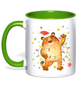 Чашка с цветной ручкой Тигр в гірлянді Чашка с цветной ручкой Тигр в гірлянді