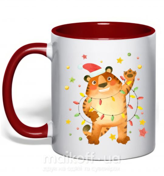 Чашка з кольоровою ручкою Тигр в гирлянде Червоний фото