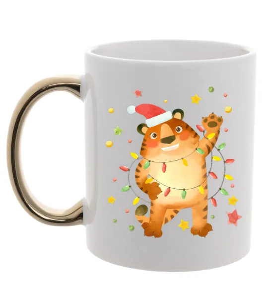 Чашка с цветной ручкой Тигр в гірлянді Золото фото
