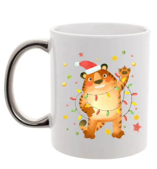 Чашка с цветной ручкой Тигр в гірлянді Серебро фото