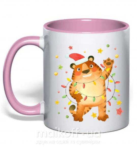 Чашка з кольоровою ручкою Тигр в гирлянде Ніжно рожевий фото