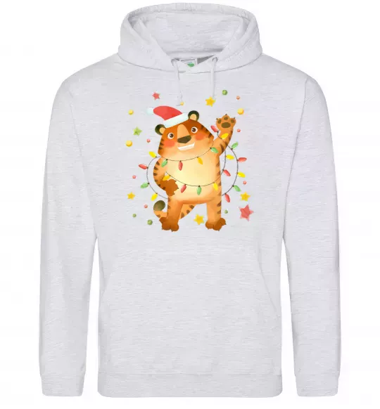 Жіноча толстовка (худі) Тигр в гірлянді Сірий меланж фото