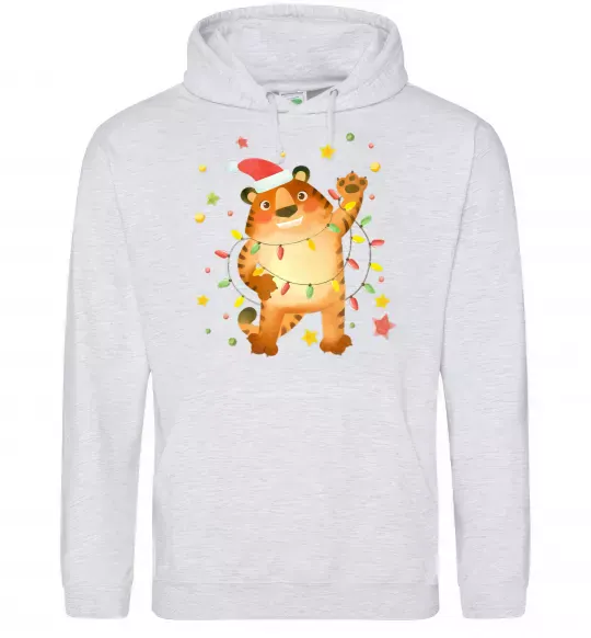 Чоловіча толстовка (худі) Тигр в гірлянді Сірий меланж фото