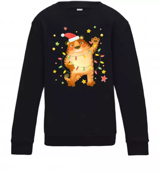 Детский Свитшот Тигр в гірлянді Черный фото