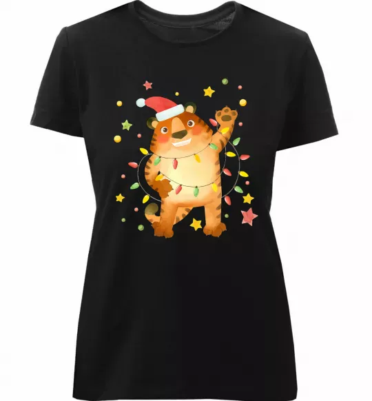 Женская премиум футболка Тигр в гірлянді Черный фото