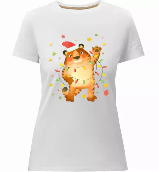 Женская премиум футболка Тигр в гірлянді Белый фото