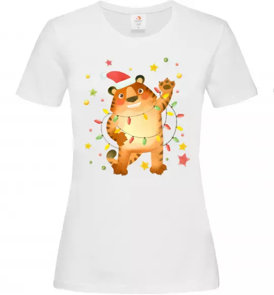 Женская футболка Тигр в гірлянді Белый фото