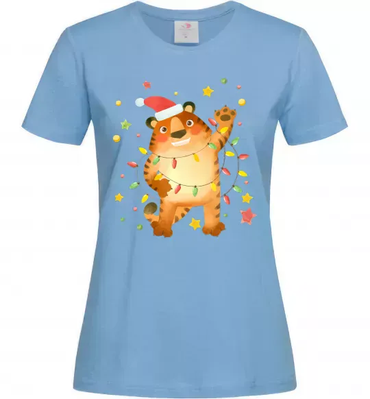 Женская футболка Тигр в гірлянді Голубой фото