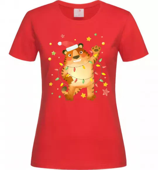 Женская футболка Тигр в гірлянді Красный фото