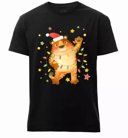 Мужская премиум футболка Тигр в гірлянді Черный фото