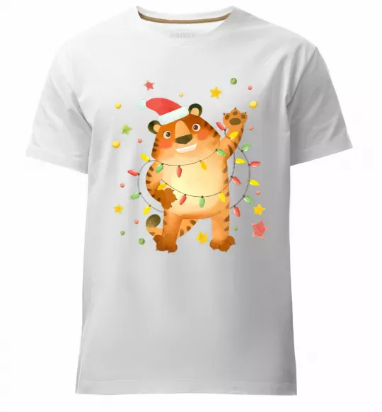 Мужская премиум футболка Тигр в гірлянді Белый фото