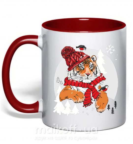 Чашка с цветной ручкой Тигр зимний новый год Красный фото