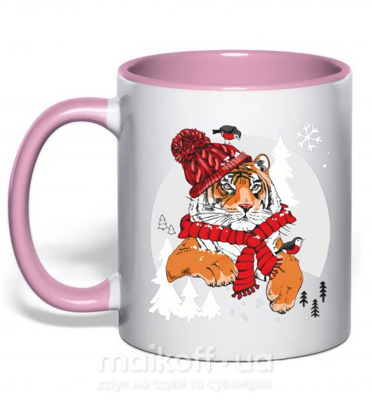 Чашка з кольоровою ручкою Тигр зимний новый год Ніжно рожевий фото