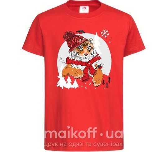 Детская футболка Тигр зимний новый год Красный фото