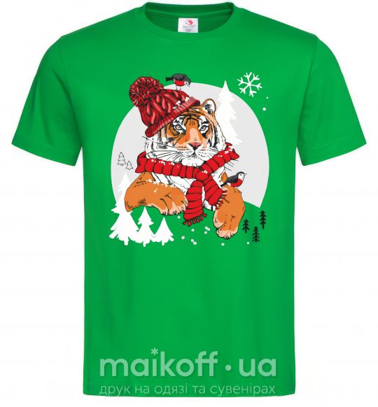 Мужская футболка Тигр зимний новый год Зеленый фото
