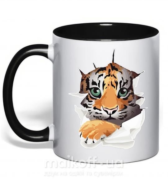 Чашка с цветной ручкой Тигр смотрит Черный фото