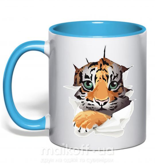 Чашка с цветной ручкой Тигр смотрит Голубой фото