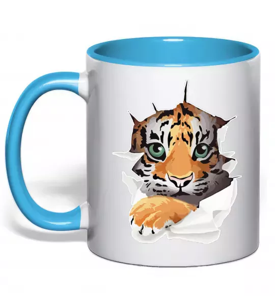Чашка с цветной ручкой Тигр дивиться Голубой фото
