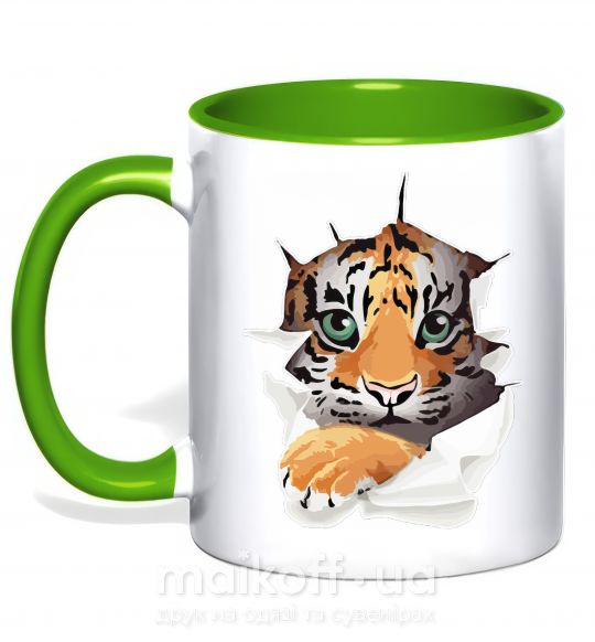 Чашка с цветной ручкой Тигр смотрит Зеленый фото