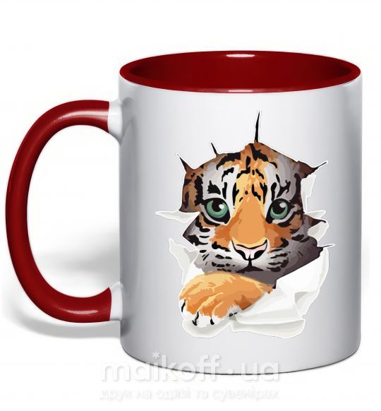 Чашка с цветной ручкой Тигр смотрит Красный фото