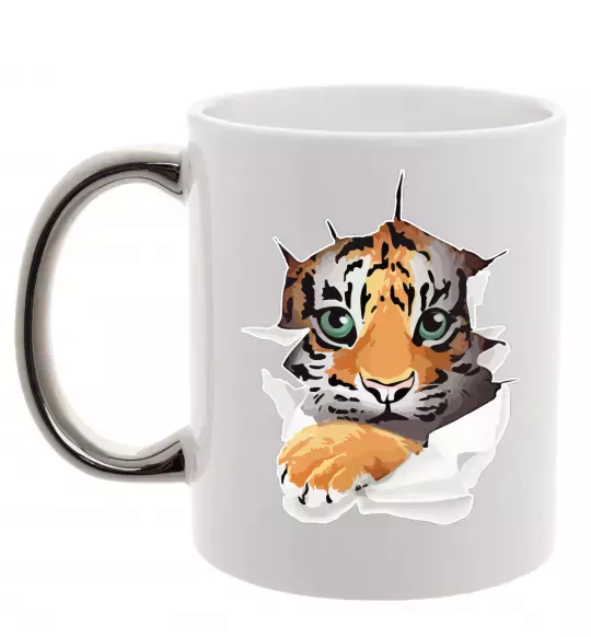 Чашка с цветной ручкой Тигр дивиться Серебро фото