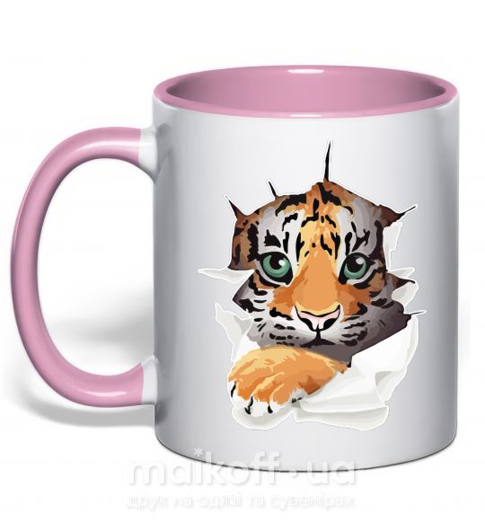 Чашка з кольоровою ручкою Тигр смотрит Ніжно рожевий фото