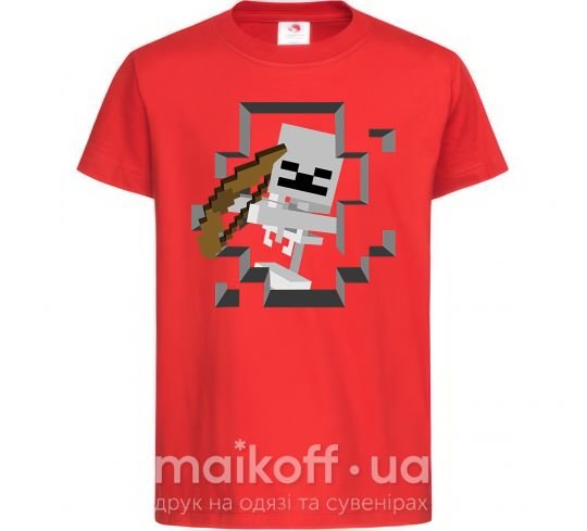 Детская футболка Майнкрафт скелет в пещере Красный фото