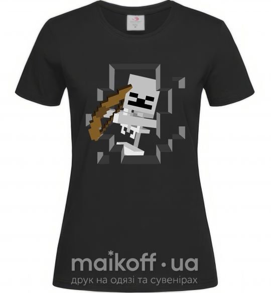 Женская футболка Майнкрафт скелет в пещере Черный фото