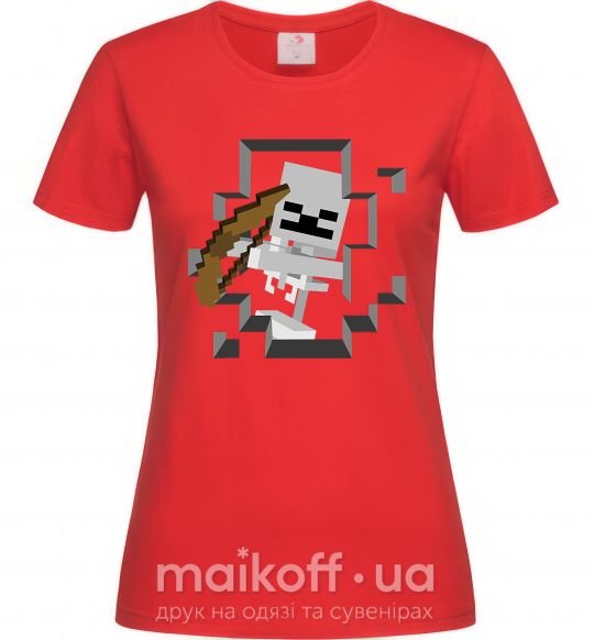 Женская футболка Майнкрафт скелет в пещере Красный фото