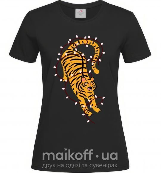 Женская футболка Тигр в лампочках Черный фото