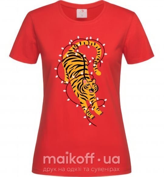 Женская футболка Тигр в лампочках Красный фото