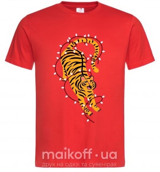 Мужская футболка Тигр в лампочках Красный фото