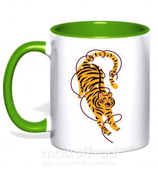 Чашка с цветной ручкой Тигр в лампочках Зеленый фото