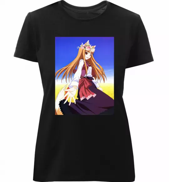 Жіноча преміум футболка Волчица и пряности украинка аниме Чорний фото