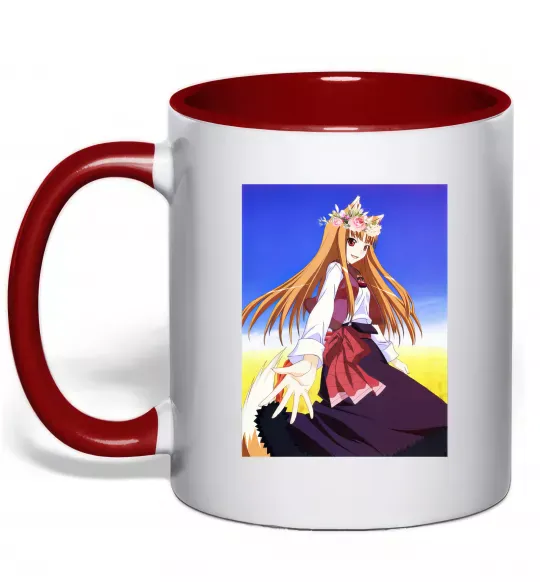 Чашка з кольоровою ручкою Волчица и пряности украинка аниме Червоний фото