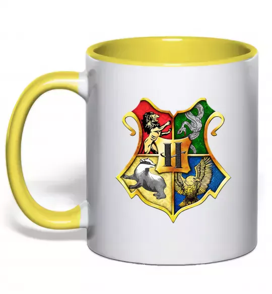 Чашка з кольоровою ручкою Хогвартс герб Сонячно жовтий фото
