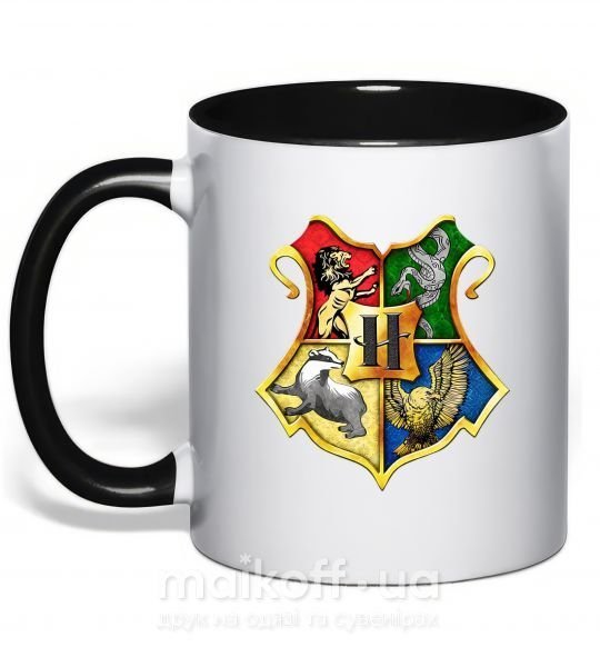 Чашка с цветной ручкой Хогвартс герб Черный фото