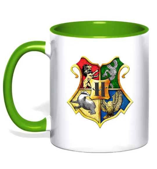 Чашка с цветной ручкой Хогвартс герб Лаймовый фото