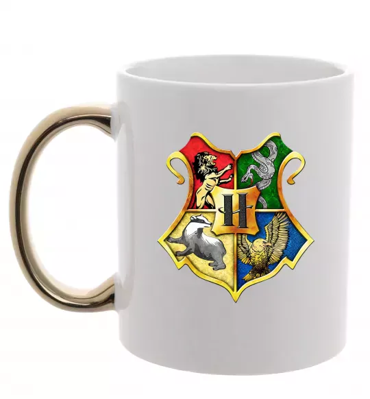 Чашка з кольоровою ручкою Хогвартс герб Золото фото