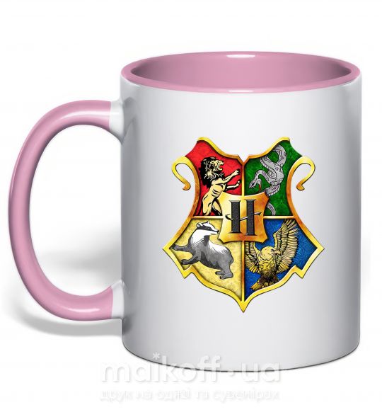 Чашка с цветной ручкой Хогвартс герб Нежно розовый фото