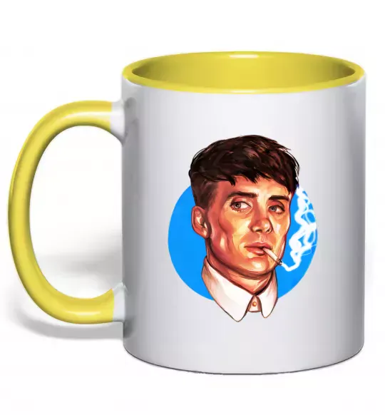 Чашка с цветной ручкой Томас Шелбі з цигаркою Гострі картузи Солнечно желтый фото