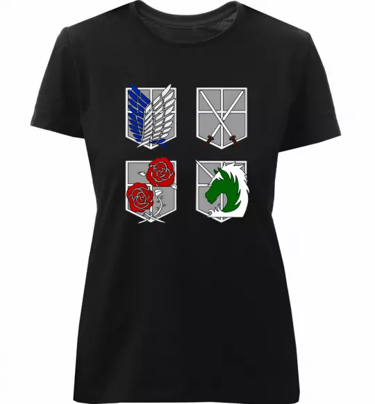 Женская премиум футболка Атака титанів емблеми Черный фото