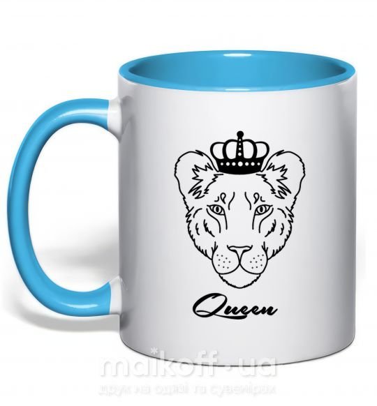 Чашка с цветной ручкой Львица королева Queen Голубой фото