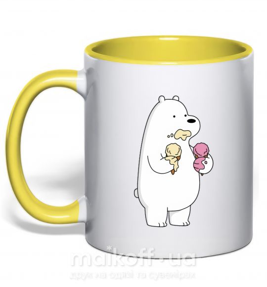 Чашка з кольоровою ручкою Мы обычные медведи белый мишка мороженое Сонячно жовтий фото