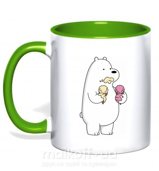 Чашка з кольоровою ручкою Мы обычные медведи белый мишка мороженое Зелений фото