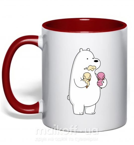 Чашка с цветной ручкой Мы обычные медведи белый мишка мороженое Красный фото