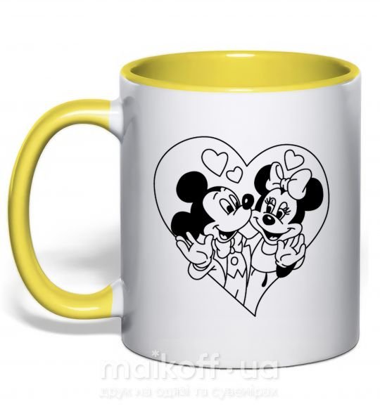 Чашка з кольоровою ручкою Микки Маус влюблен чб Сонячно жовтий фото