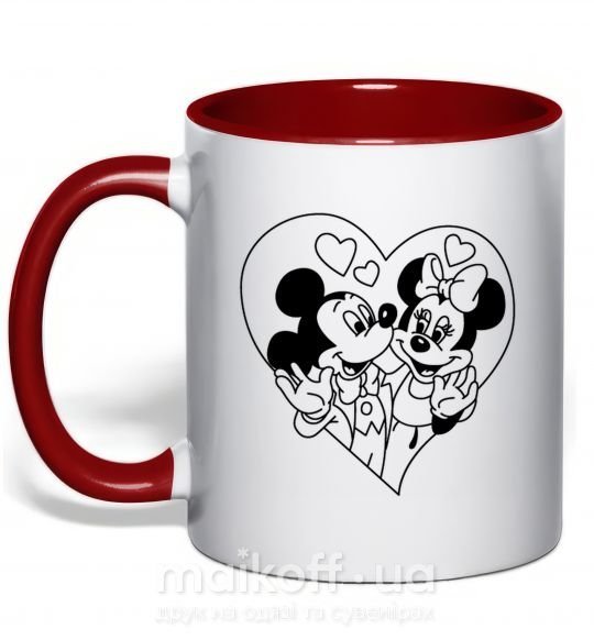 Чашка з кольоровою ручкою Микки Маус влюблен чб Червоний фото